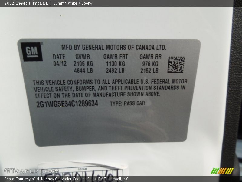 Summit White / Ebony 2012 Chevrolet Impala LT