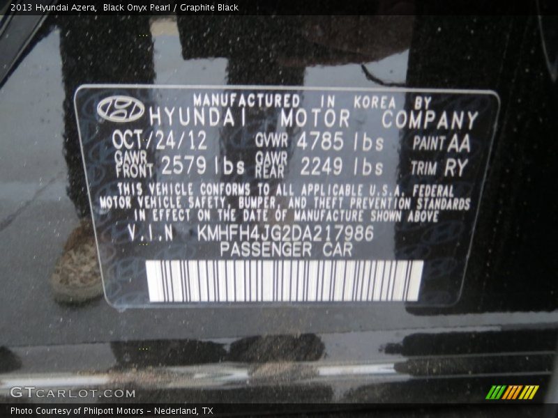 Black Onyx Pearl / Graphite Black 2013 Hyundai Azera
