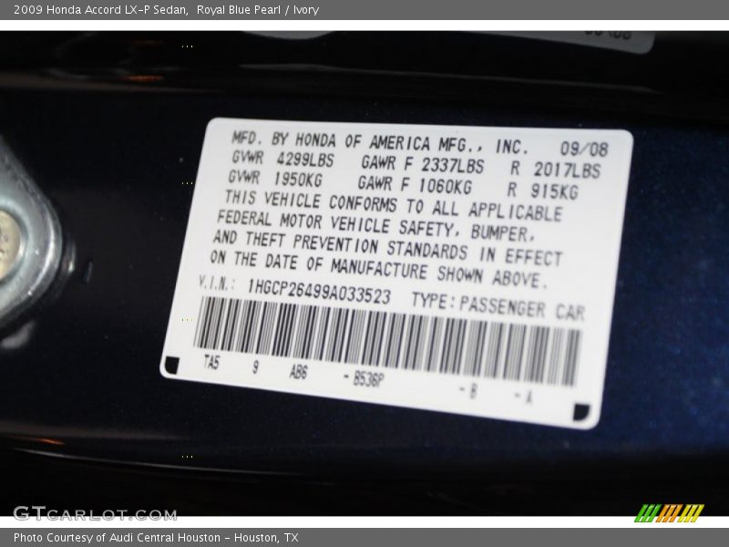 Royal Blue Pearl / Ivory 2009 Honda Accord LX-P Sedan