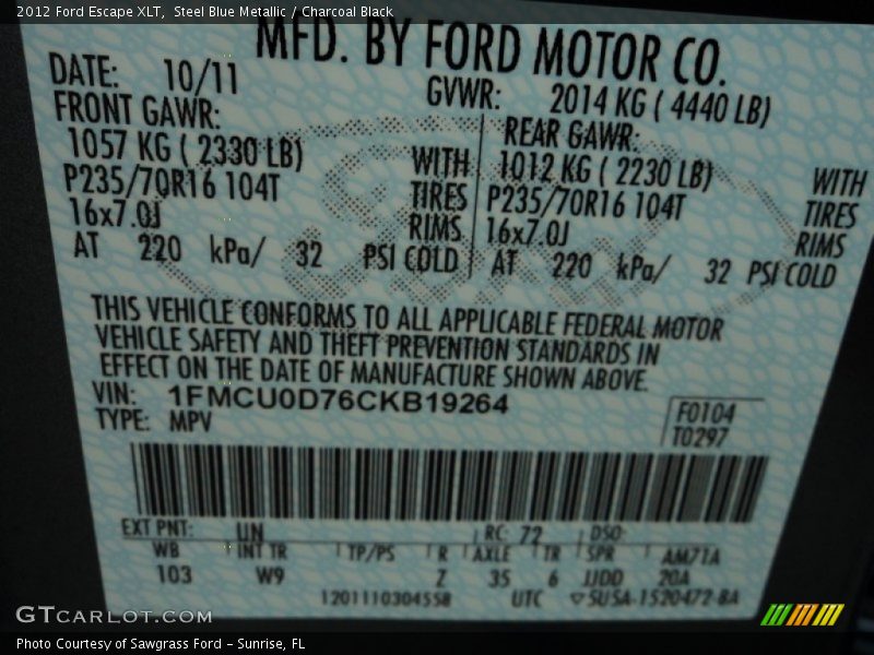 Steel Blue Metallic / Charcoal Black 2012 Ford Escape XLT