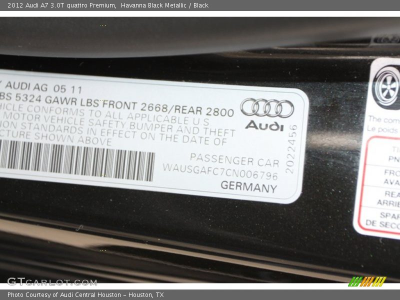 Havanna Black Metallic / Black 2012 Audi A7 3.0T quattro Premium