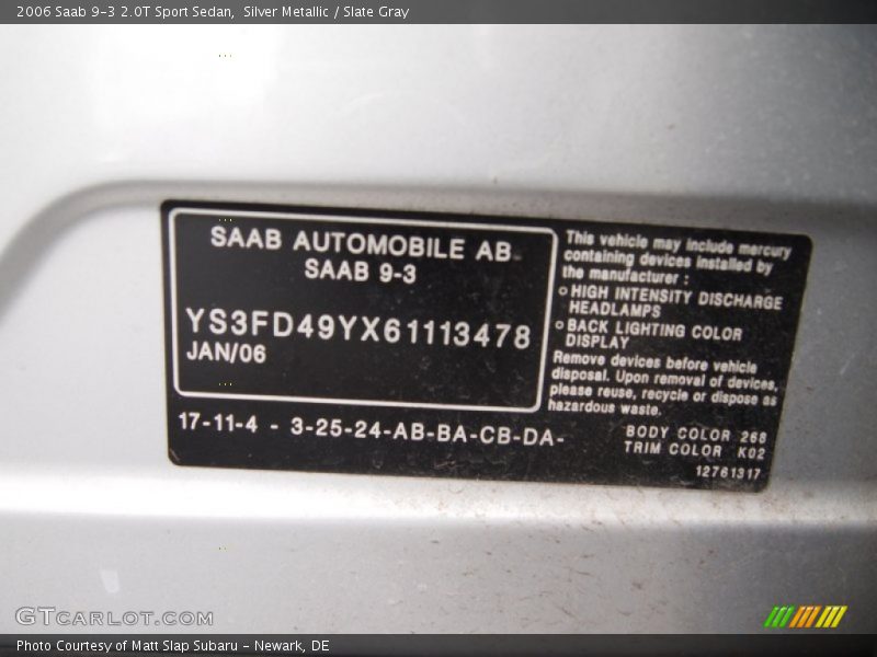 Silver Metallic / Slate Gray 2006 Saab 9-3 2.0T Sport Sedan
