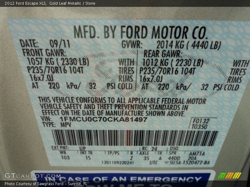 2012 Escape XLS Gold Leaf Metallic Color Code UP
