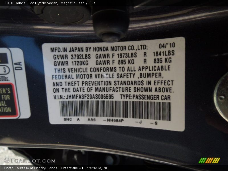 2010 Civic Hybrid Sedan Magnetic Pearl Color Code NH684P