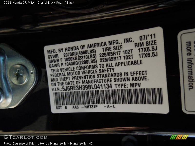 Crystal Black Pearl / Black 2011 Honda CR-V LX