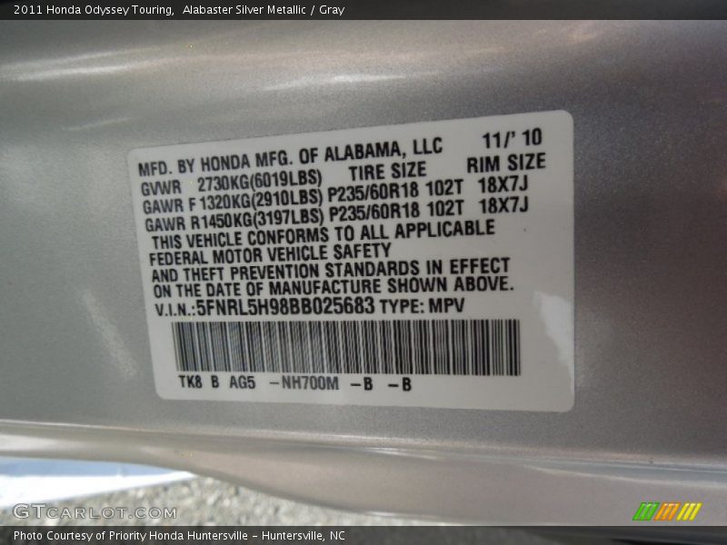 Alabaster Silver Metallic / Gray 2011 Honda Odyssey Touring