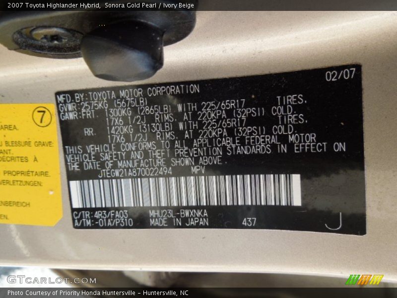 2007 Highlander Hybrid Sonora Gold Pearl Color Code 4R3