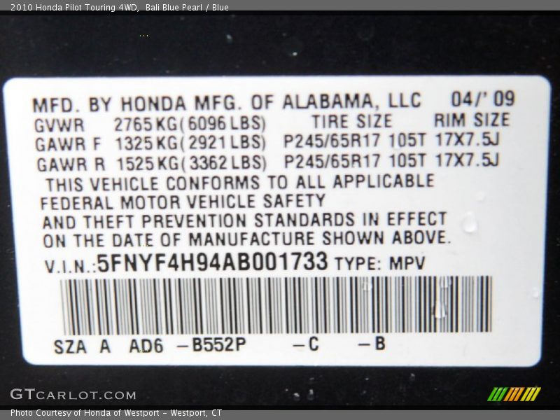 Bali Blue Pearl / Blue 2010 Honda Pilot Touring 4WD