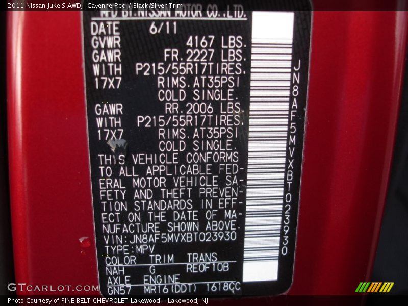 Cayenne Red / Black/Silver Trim 2011 Nissan Juke S AWD