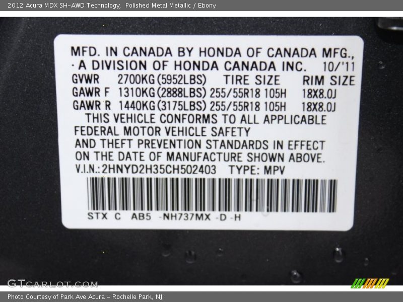 Polished Metal Metallic / Ebony 2012 Acura MDX SH-AWD Technology