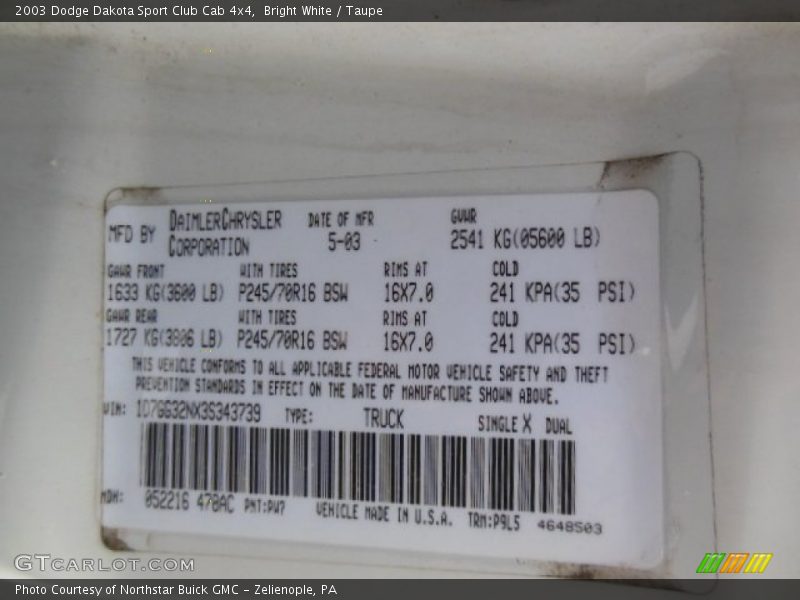 2003 Dakota Sport Club Cab 4x4 Bright White Color Code PW7