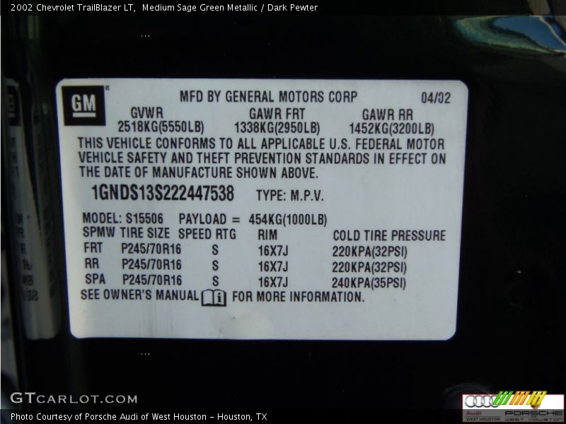 Medium Sage Green Metallic / Dark Pewter 2002 Chevrolet TrailBlazer LT