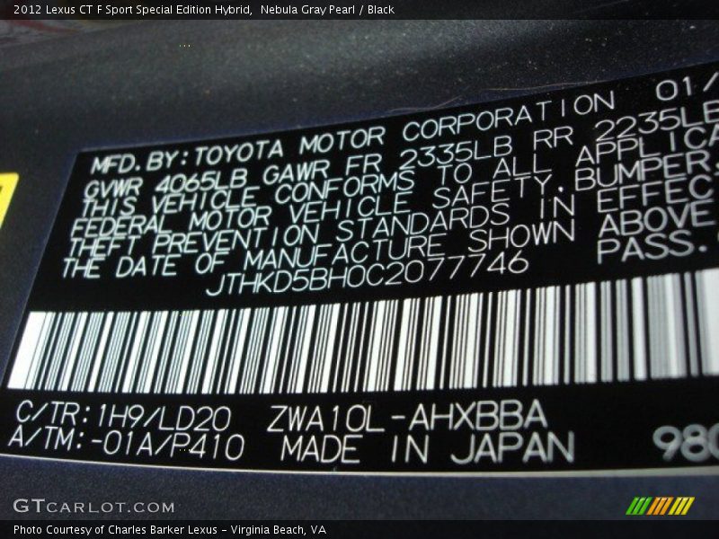2012 CT F Sport Special Edition Hybrid Nebula Gray Pearl Color Code 1H9