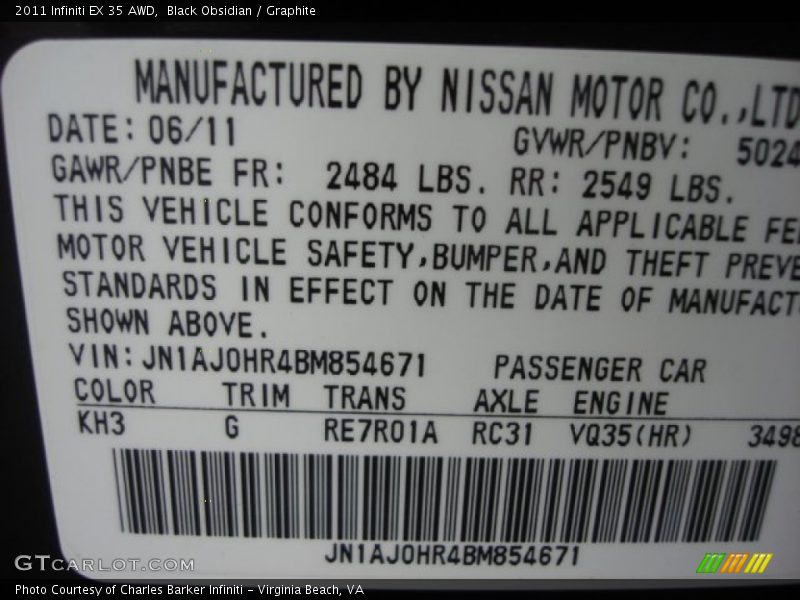2011 EX 35 AWD Black Obsidian Color Code KH3