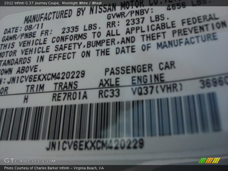 Moonlight White / Wheat 2012 Infiniti G 37 Journey Coupe