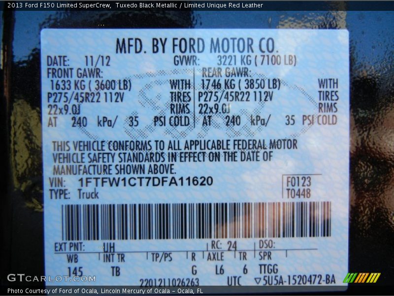 2013 F150 Limited SuperCrew Tuxedo Black Metallic Color Code UH