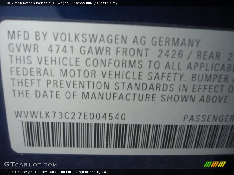 Shadow Blue / Classic Grey 2007 Volkswagen Passat 2.0T Wagon