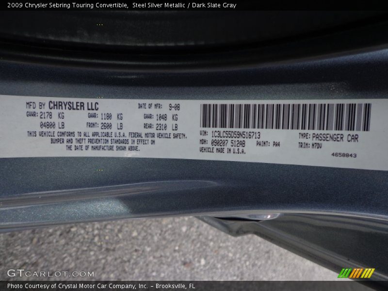 Steel Silver Metallic / Dark Slate Gray 2009 Chrysler Sebring Touring Convertible
