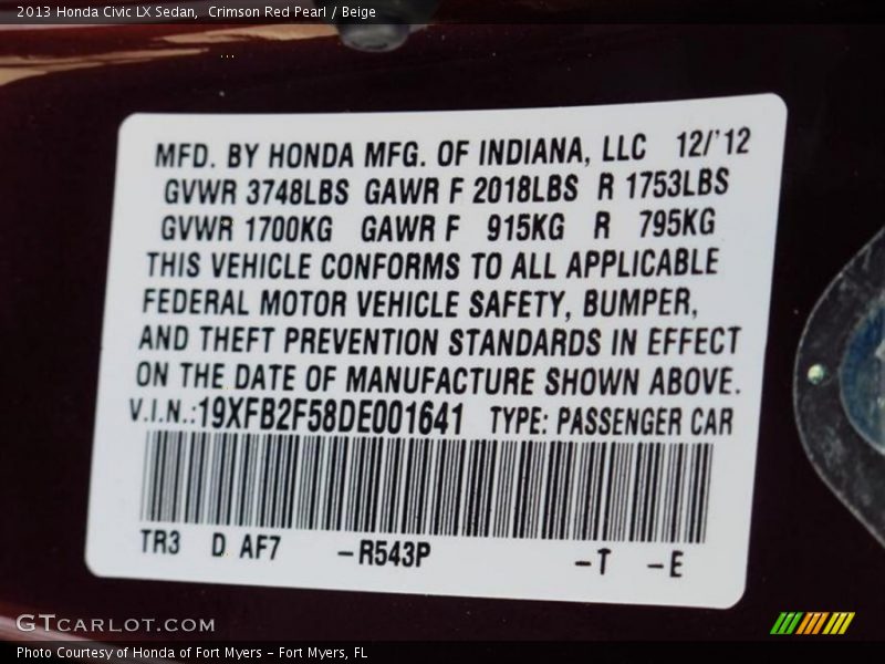Crimson Red Pearl / Beige 2013 Honda Civic LX Sedan