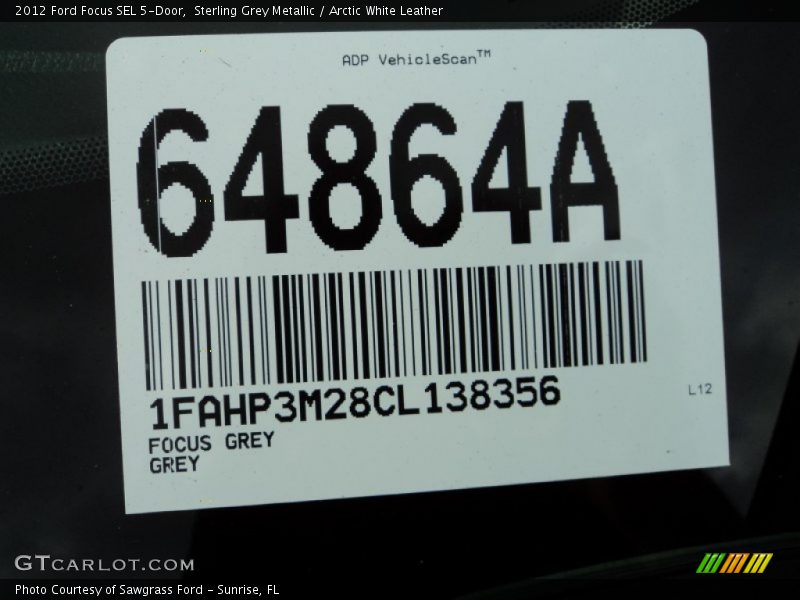 Sterling Grey Metallic / Arctic White Leather 2012 Ford Focus SEL 5-Door