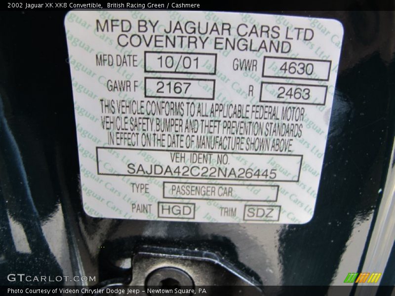 2002 XK XK8 Convertible British Racing Green Color Code HGD