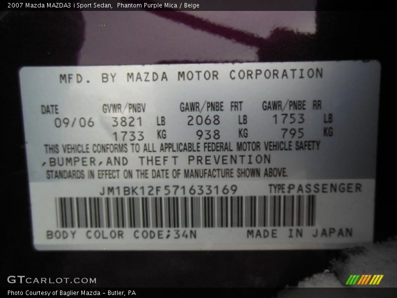 2007 MAZDA3 i Sport Sedan Phantom Purple Mica Color Code 34N