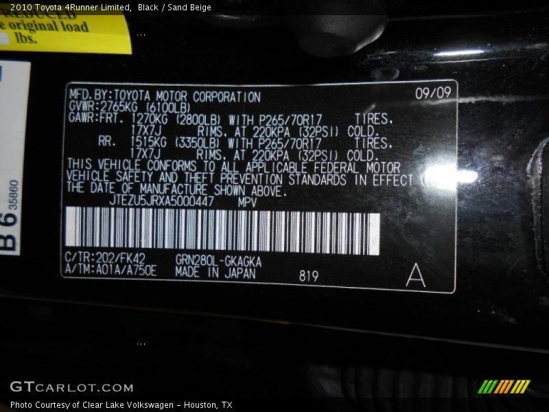 Black / Sand Beige 2010 Toyota 4Runner Limited