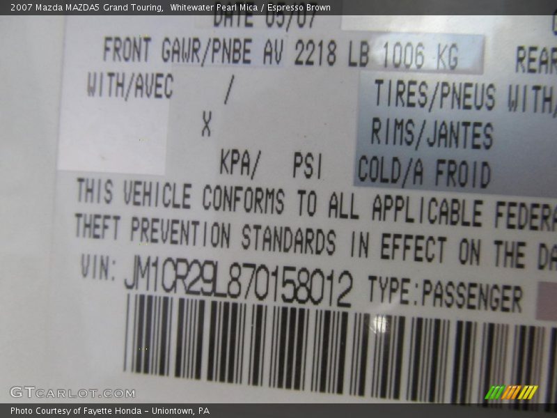 Whitewater Pearl Mica / Espresso Brown 2007 Mazda MAZDA5 Grand Touring