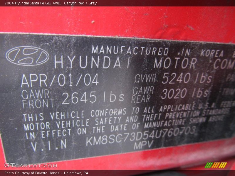 Canyon Red / Gray 2004 Hyundai Santa Fe GLS 4WD