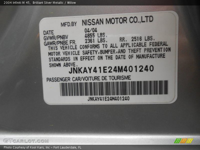 Brilliant Silver Metallic / Willow 2004 Infiniti M 45