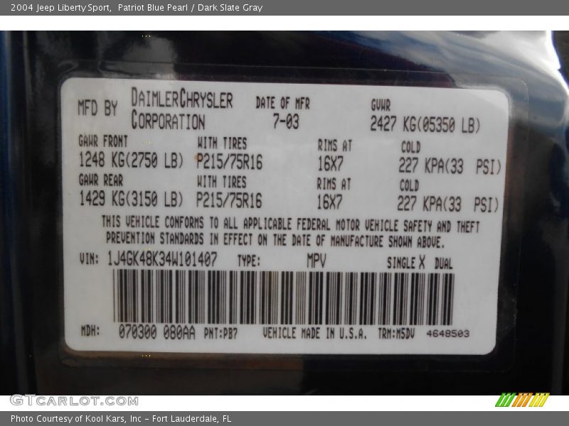 Patriot Blue Pearl / Dark Slate Gray 2004 Jeep Liberty Sport
