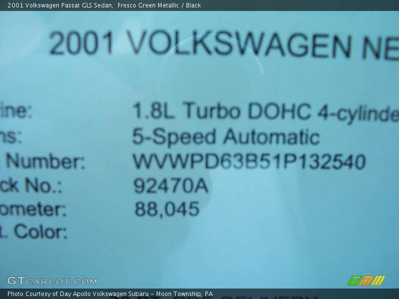 Fresco Green Metallic / Black 2001 Volkswagen Passat GLS Sedan