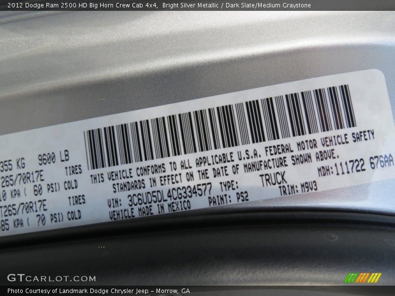 Bright Silver Metallic / Dark Slate/Medium Graystone 2012 Dodge Ram 2500 HD Big Horn Crew Cab 4x4