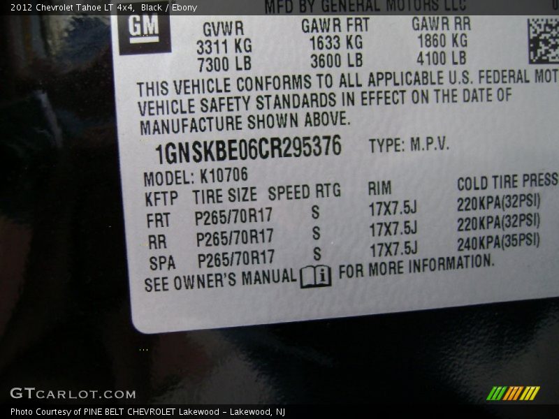 Black / Ebony 2012 Chevrolet Tahoe LT 4x4