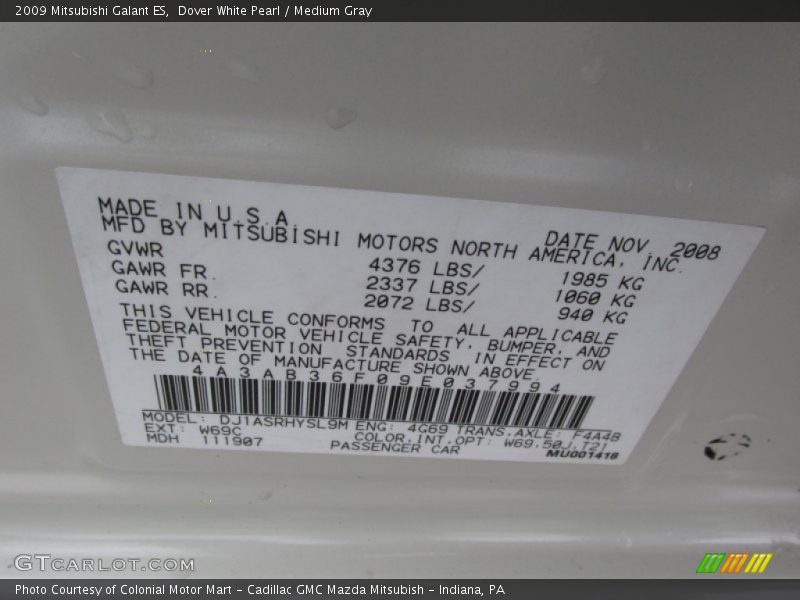 Dover White Pearl / Medium Gray 2009 Mitsubishi Galant ES