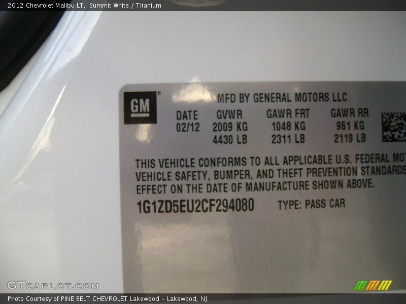 Summit White / Titanium 2012 Chevrolet Malibu LT