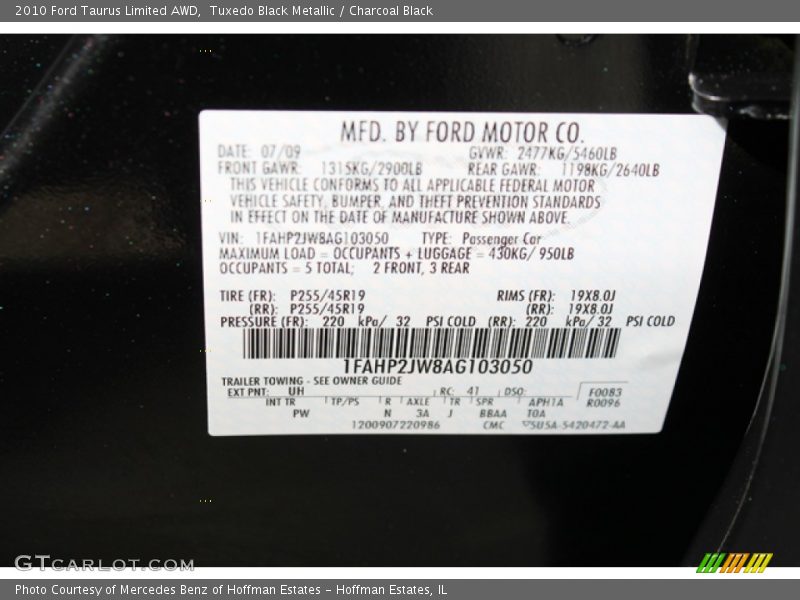 Tuxedo Black Metallic / Charcoal Black 2010 Ford Taurus Limited AWD