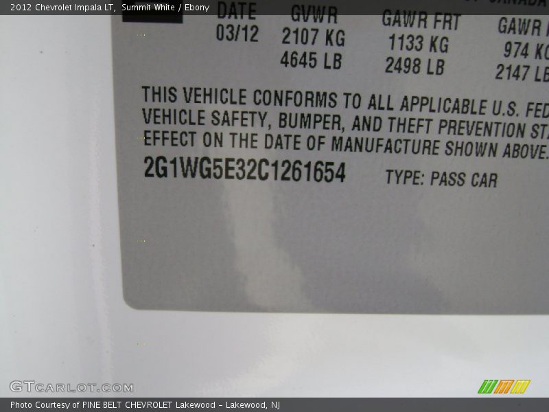 Summit White / Ebony 2012 Chevrolet Impala LT