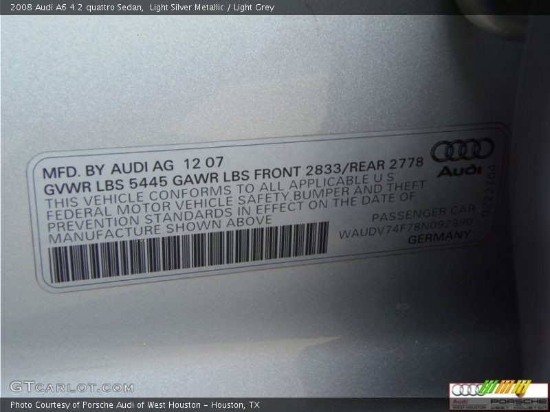 Light Silver Metallic / Light Grey 2008 Audi A6 4.2 quattro Sedan