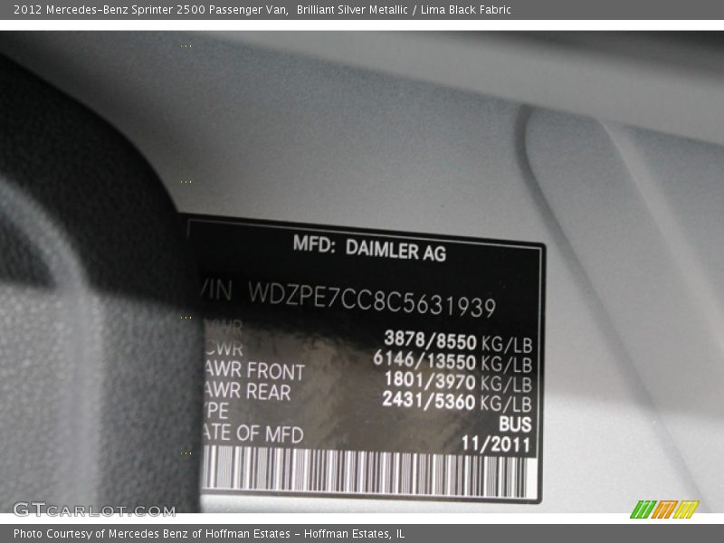 Brilliant Silver Metallic / Lima Black Fabric 2012 Mercedes-Benz Sprinter 2500 Passenger Van