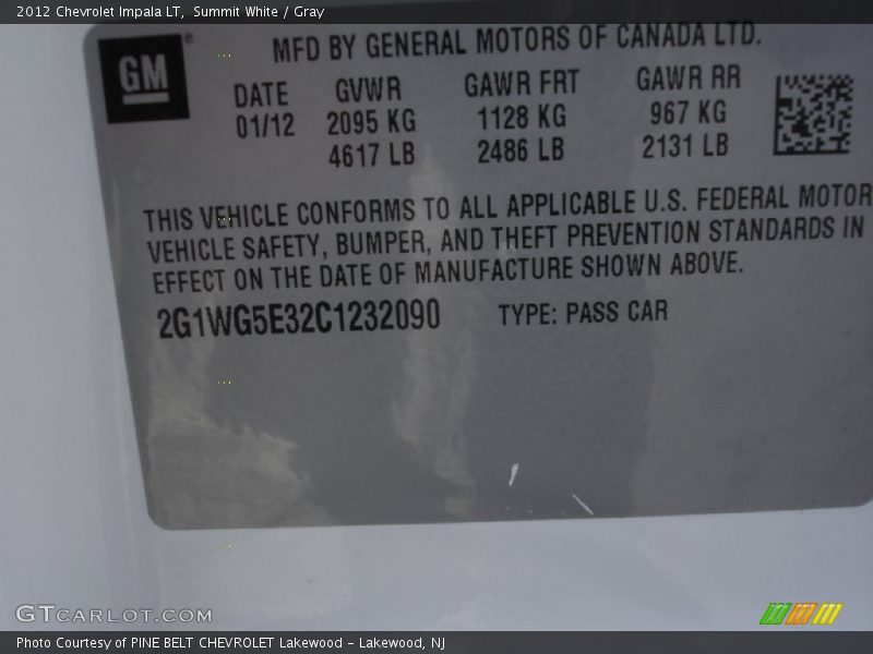 Summit White / Gray 2012 Chevrolet Impala LT
