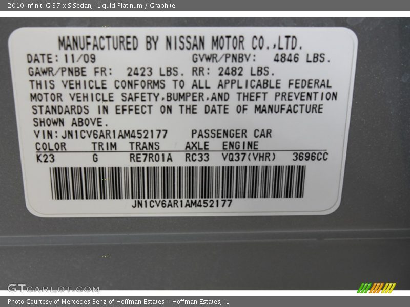 Liquid Platinum / Graphite 2010 Infiniti G 37 x S Sedan