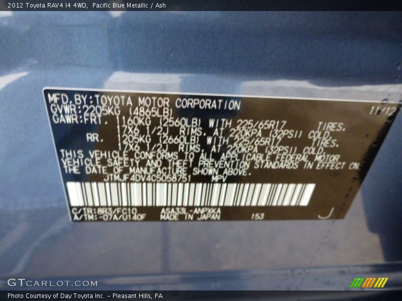 Pacific Blue Metallic / Ash 2012 Toyota RAV4 I4 4WD