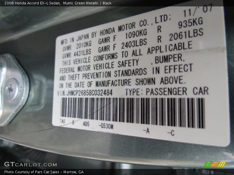 Mystic Green Metallic / Black 2008 Honda Accord EX-L Sedan