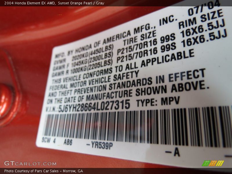 Sunset Orange Pearl / Gray 2004 Honda Element EX AWD