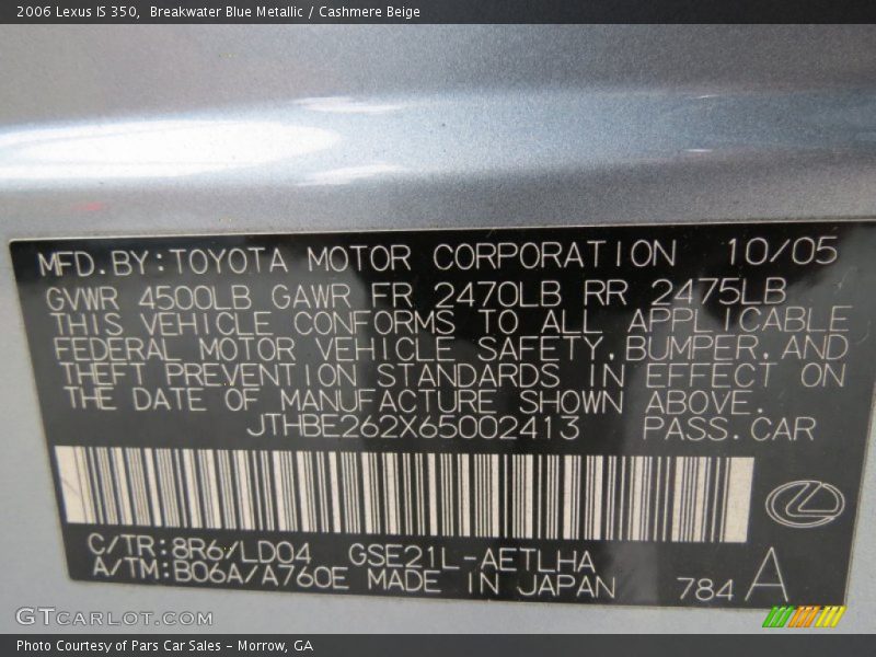 2006 IS 350 Breakwater Blue Metallic Color Code 8R6