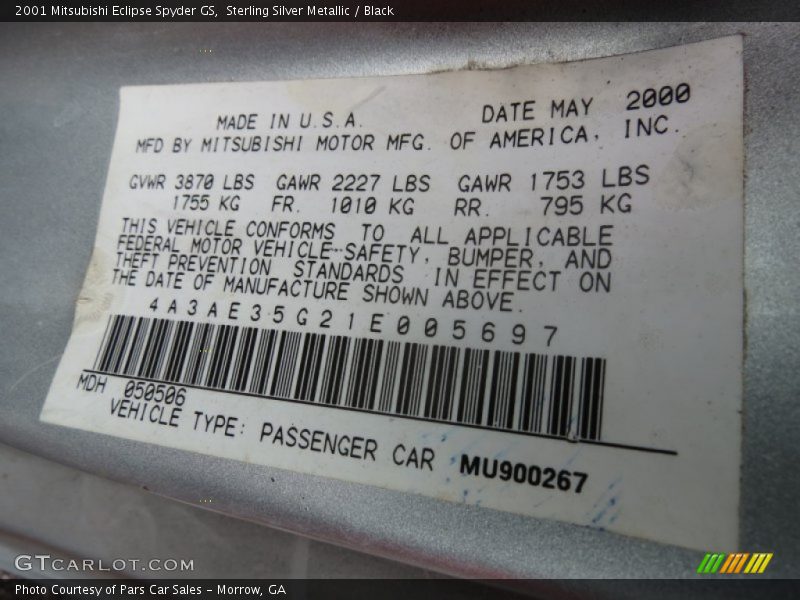 Info Tag of 2001 Eclipse Spyder GS