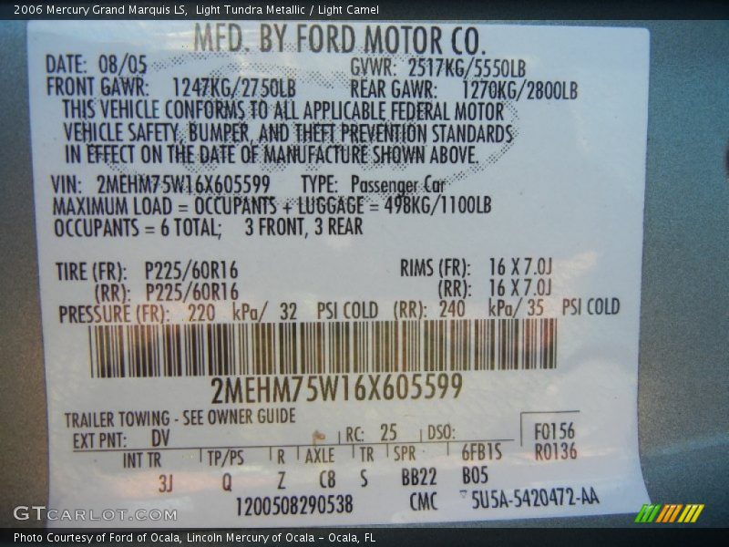 2006 Grand Marquis LS Light Tundra Metallic Color Code DV