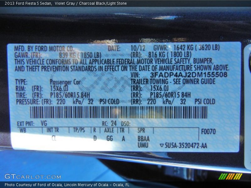 Violet Gray / Charcoal Black/Light Stone 2013 Ford Fiesta S Sedan