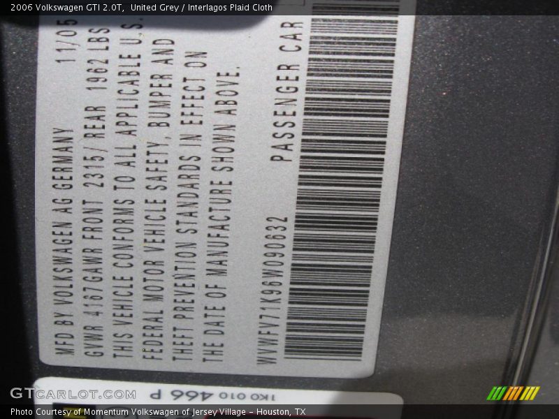 United Grey / Interlagos Plaid Cloth 2006 Volkswagen GTI 2.0T
